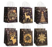 12Pcs Christmas Bags, 6 Styles Paper Bags with Handles Black Gold Small Paper Christmas Bulk for Wrapping Xmas Holiday Presents