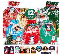 12pcs Christmas Drawstring Gift Bags Multipack Extra Large Medium Small Christmas Foil Gift Bags Xmas Gift Bag Goody Wrapping Bags for Presents Assorted Sizes with Drawstring Tags