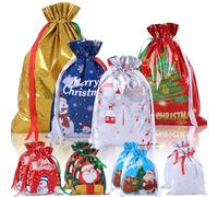 12pcs Christmas Foil Gift Bags - Drawstring Wrapping Includes 2 Large, 2 Medium, 8 Klein Xmax Present Sacks - Reusable Pull String Foil Bags for Xmas Party Décor