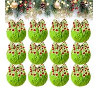 12Pcs Christmas Furry Baubles with Bows, 8cm Lime Green Plush Christmas Ball Ornaments Fluffy Tree Ball Plush Xmas Bauble for Party (Green, One Size)