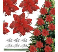 12Pcs Christmas Glitter Artificial Poinsettia Flowers, Xmas Poinsettia Artificial Wedding Flowers Decorations Xmas Tree Ornaments with Clips for Party Favors (Red-A)