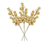 12Pcs Christmas Glitter Berries Stems, 7.9Inch Gold Berries Christmas Picks, Artificial Holly Berry Twig for Christmas Tree Decoration Xmas Garland Wreath Making DIY Craft Holiday Home Ornament