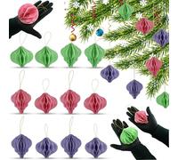 12Pcs Christmas Honeycomb Baubles 8cm - Hanging Paper Lantern Ornament with Mini Magnet for Xmas Tree, Party Balls with Golden String for Home Decoration