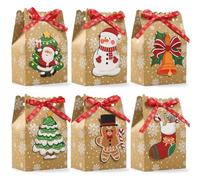 12pcs Christmas Kraft Treat Bags Goody Bag 6 Designs Christmas Goodie Bags for Party Supplies Small Gift Packing