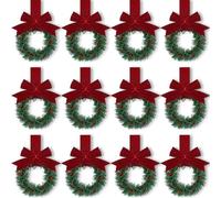 12Pcs Christmas Mini Wreath for Kitchen Cabinet Hanging Wreath with Ribbon Bows Berries Christmas Party Decorations (Wine Red, 12Pcs Set)
