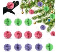 12Pcs Christmas Paper Baubles 8cm - Honeycomb Round Baubles - Attached Mini Magnet Flower Hanging Balls for Wedding, Tree Balls with String for New Year's Xmas Party