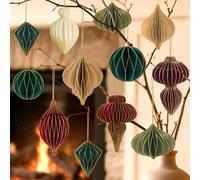 12Pcs Christmas Paper Honeycomb Ornaments for Tree, 3D Glitter Edge Paper Honeycomb Lanterns Foldable Neutral Hanging Decorations for Xmas Tree New Year Holiday Party Home Decor, Red Green Beige