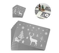 12PCS Christmas Placemats Set, 6PCS Christmas Table Mat and 6PCS Cup Mats with Christmas Elk Pattern for Christmas Dining Table Decorations (Grey)
