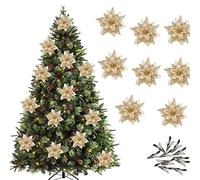 12Pcs Christmas Poinsettia Flower Artificial Pointsettia with Clips Christmas Glitter Poinsettia Ornaments Christmas Tree Flower Decorations, DIY Xmas Wreath Holiday Party Decor (Gold)