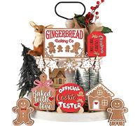 12Pcs Christmas Tiered Tray Decorations Set, Wooden Sign Xmas Tabletop Farmhouse Xmas Signs Rustic Tiered Tray Gingerbread Decor for Winter Home Office Party