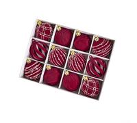 12Pcs Christmas Tree Ornament Set with Hollow Velvet Design Plastic Balls for Seasonal Holiday Decor and Celebrations (red)