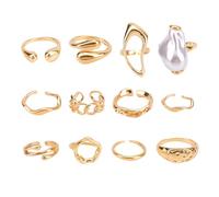 12pcs Chunky Gold Rings Set for Women, Baroque Pearl Statement Rings Adjustable Stackable Knuckle Ring Set Boho Fashion Jewelry Jewellery for Prom Costume Gifts