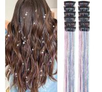12Pcs Clip in Hair Tinsel Kit, Rainbow Tinsel Hair Extensions,Sparkly Glitter Strands in Multi-Colours Fairy Hair with Clips on,Multicolour Festival Hair Accessories for Women,Easy to Use & Reusable