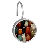 12pcs Colored Cartoon Seamless Cats (1) Shower Curtain Hooks, Shower Curtain Hanger Rings Roller, Stainless Steel Round Shower Rings Hangers for Bathroom