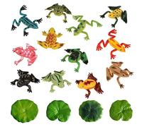 12Pcs Colorful Plastic Frog Models with Artificial Lotus Leaves, Tropical Simulation Frogs, Animal Recognition Toys for Children, Floating Decoration for Ponds, Artificial Micro Landscape Pools