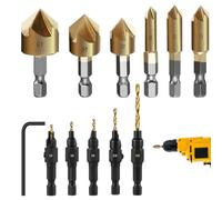 12PCS Countersink Drill Bit Set, Countersink Bits, Counter Sink Drill Bits Set, 6Pcs Hss five-flutes chamfering and 5Pcs woodworking Drilling Bits with Wrench, for Wood Drilling,Plastic,Soft Metal,PVC