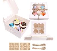 12PCS Cupcake Boxes 4 Hole, White Cupcake Boxes with Clear windows and Inserts - Includes Stickers and Twine String, Kraft Bakery Cookie Carrier Boxes for Muffins Pastries - 15.7x15.7x7.5cm