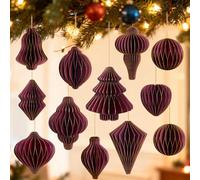 12Pcs Dark Red Paper Christmas Party Decorations, 3D Honeycomb Paper Hanging Ornaments with Glitter, Vintage Finial Honeycomb Lantern Burgundy Ornaments for Christmas Trees Winter Wonderland Party