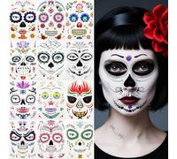12PCS Day of the Dead Costume Tattoos for Halloween Temporary Face Tattoos Temporary Sugar Skull Face Stickers for Makeup, Masquerade, Halloween Face Transfers for Women Men Kids