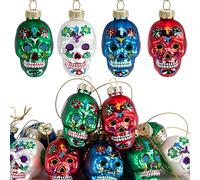 12pcs Day of The Dead Glass Ornaments - Dia De Los Muertos Sugar Skull Ornaments - Halloween Hanging Skeleton Head Ornament for Christmas Tree Hanging Decorations