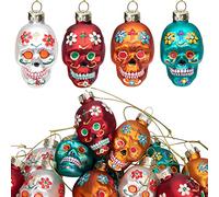 12pcs Day of The Dead Glass Ornaments - Dia De Los Muertos Sugar Skull & Skeleton Head Ornaments for Christmas Tree Hanging Decorations
