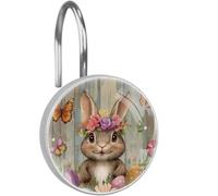 12PCS Decorative Shower Curtain Hooks, Bunny Eggs Rustic Wooden Resin Curtain Hooks Shower Rings for Bathroom Baby Room Nursery Art Decors