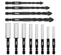 12Pcs Diamond Drill Bits Set, Porcelain Tile Drill Bit 6/8/10/12/14/16mm Masonry Drill Bits 6/8/10/12mm Hex Shank Diamond Dry Drill Bits Sets for Porcelain Tile Ceramic Stone Granite Marble