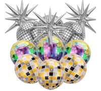 12Pcs Disco Ball Balloons,22Inch 4D Large Foil Disco Balloons with Silver Explosion Star Balloon for Birthday Bachelorette 70s 80s 90s Disco Theme Party Decorations
