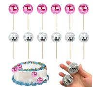 12PCS Disco Ball Cake Decorations with Bamboo Sticks, Disco Ball Cake Topper, Mini Disco Balls, Disco Cake Decorations for Disco Theme Party Supplies Cake Dessert Toppers(Silver Pink)