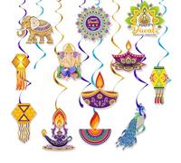 12pcs Diwali Decorations House Hanging Swirls, Happy Diwali Decor with Elephant, Peacock, Lantern - Festival of Lights Ceiling Decorations for House, Room, Party, Wedding, Pooja