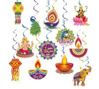 12pcs Diwali Decorations House Hanging Swirls, Happy Diwali Elephant Peacock Lantern Decorations Purple Blue Gold Swirl Streamers Indian Festival of Lights Party Home Room Ceiling Window Door Decor