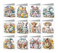 12Pcs DIY Easter Diamond Card Kit, Diamond Art Painting Mosaic Postcards, Easter Foldable Thank You Cards Blessing Greeting Card Set for Holiday Crafts Gift-Flower Baskets