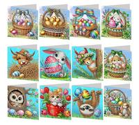 12PCS DIY Easter Pattern Diamond Arts Greeting Cards for Adults, 5D Gem Painting Foldable Card Making Kits with Envelopes, Spring Holiday Bunny Egg Craft Gift for Family & Friends