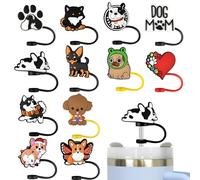 12Pcs Dog Straw Cover for Stanley 30oz Tumbler Cute Straw Toppers Cap Reusable Silicone Straw Tips for 0.24-0.32inch Straws Cup Accessories