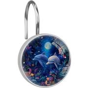 12Pcs Dolphins Moon Shower Curtain Hooks, Rust Proof Shower Curtain Rings for Bathroom, Decorative Curtain Hooks Hangers