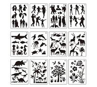 12pcs Drawing Stencils Kit Templates with People Animals Plants Patterns for DIY Craft Journal Notebook Diary Scrapbooking Card Decoration Painting School Art Project