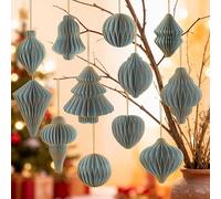 12Pcs Dusty Blue Paper Christmas Party Decorations, 3D Honeycomb Paper Hanging Ornaments with Glitter Edges, Classic Honeycomb Lantern Ornaments for Christmas Trees Winter Wonderland Party