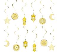 12Pcs Eid Decorations,Ramadan Mubarak Ceiling Hanging Swirl Banner Moon Stars Gold Decoration Set Muslim Islamic Banners Backdrop Party Supplie ,Eid Decorations for Home Streamers Bunting Islam Decor