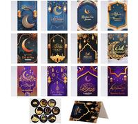 12pcs Eid Greeting Cards, 12 Styles Eid Mubarak Cards with Envelopes and Round Stickers Ramazan Greeting Cards Happy Ramadan Cards for Eid Mubarak Decoration