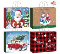 12PCS Extra Large Christmas Kraft Gift Paper Bags Bulk, Xmas Jumbo Tote Bags with Handle Wrapping Bags for Christmas Holiday New Year Party Favors Supplies, 50.8 x 38 x 17.8cm