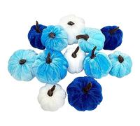 12Pcs Fall Artificial Pumpkins, Assorted Sizes Fake Velvet Pumpkin Dark Blue Sky Blue White Small Foam Pumpkin Autumn Table Centerpiece for Fall Harvest Thanksgiving Halloween Party Decoration (A)