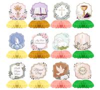 12PCS First Holy Communion Honeycomb Centerpieces Table Decorations | Easy Assembly Lightweight Reusable 3D Double-Sided Clear Print Table Toppers for Boys Girls Baptism Birthday Baby Shower