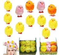 12Pcs Fluffy Easter Chicks 4cm - Mini Plush Yellow and Multicolour Chick Decorations for Easter Bonnet, Egg Hunt, Crafts, Cake Toppers and Spring Party Décor