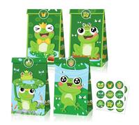 12Pcs Frog Party Favor Bags with 18pcs Stickers Set, Double-Sided Cute Princess Frogs Goodie Candy Treat Sweet Paper Gifts Bags for Girls Boys Animal Theme Birthday Baby Shower Decorations Supplies