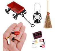 12Pcs Garden Toolbox Miniature Set, Dollhouse Gnome Garden Accessories, Mini Garden Scene Decorations, Dollhouse Wooden Tool Box with Tools Broom Oil Lamp, Garden Carts Model for DIY Ornament