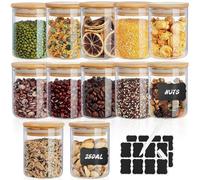 12Pcs Glass Spice Jars with Bamboo Lids & Labels, 250ml Round Storage Jars Empty Airtight Container, Kitchen Small Seasoning Jar Air Tight Containers for Home Tea Pasta Coffee Flour Herbs Grains Nuts