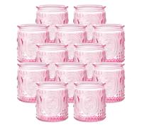 12Pcs Glass Tea Light Candle Holders,6.6cm x 5.8cm Vintage Candle Jar, Coloured Tealight Holders, Votive Candle for Indoor, Outdoor, Garden, Dinner, Church, Weddings, Home Décor, Gifts (Light pink)