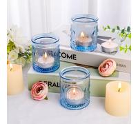 12PCS Glass Tea Light Candle Holders,Vintage Candle Jar, Coloured Tealight Holders, Votive Candle Stand for Indoor, Outdoor, Garden, Dinner, Church, Weddings, Home Décor, Gifts (Light Blue)