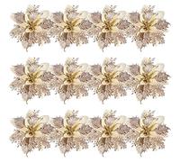 12pcs Glitter Artificial Flowers Christmas Tree Flowers Hanging Ornaments Christmas Party Decoration with 12pcs Stems and Clips