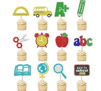 12Pcs Glitter Back to School Cupcake Topper,Bus Apple Cake Toppers,Shining Stationery Cupcake Decoration for First Day of School,Classroom Activity Supplies